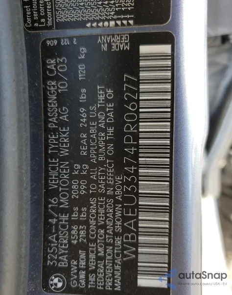 2004 BMW 325 Xi from USA, damaged, VIN WBAEU33474PR06277